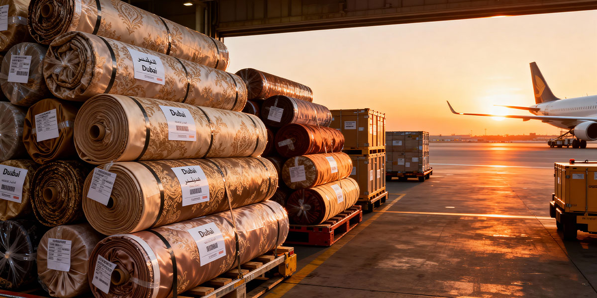 Wholesale luxury fabrics prepared for export shipment to Dubai
