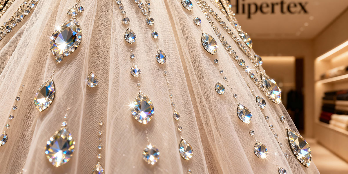 Close-up of hand-applied crystal beads on Turkish tulle fabric