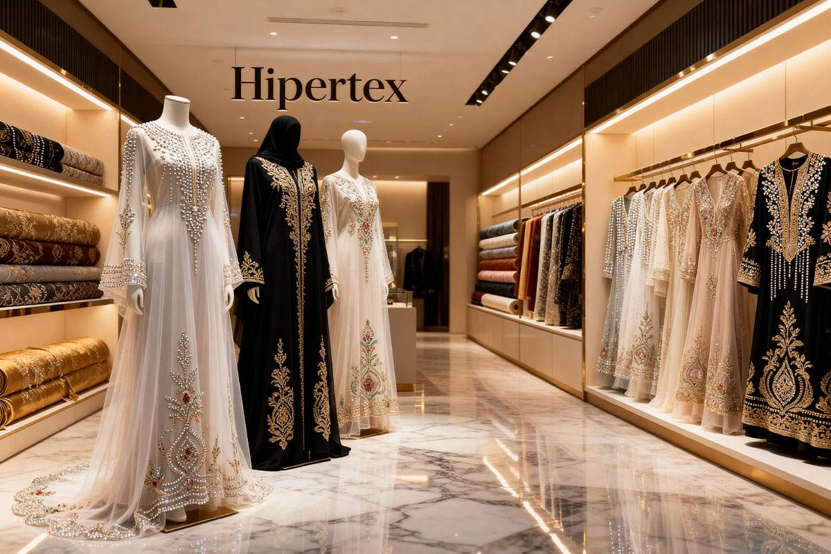 Luxury abaya fabric boutique interior in Riyadh, Saudi Arabia