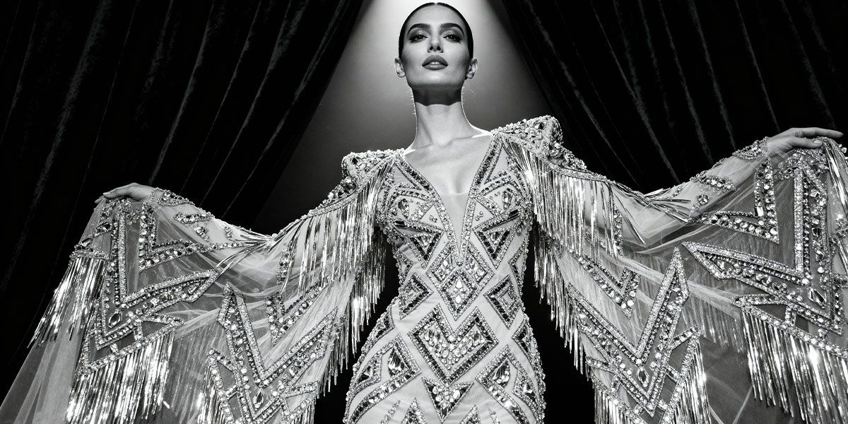 Dense crystal fringe sequin fabric trend in Beirut evening fashion