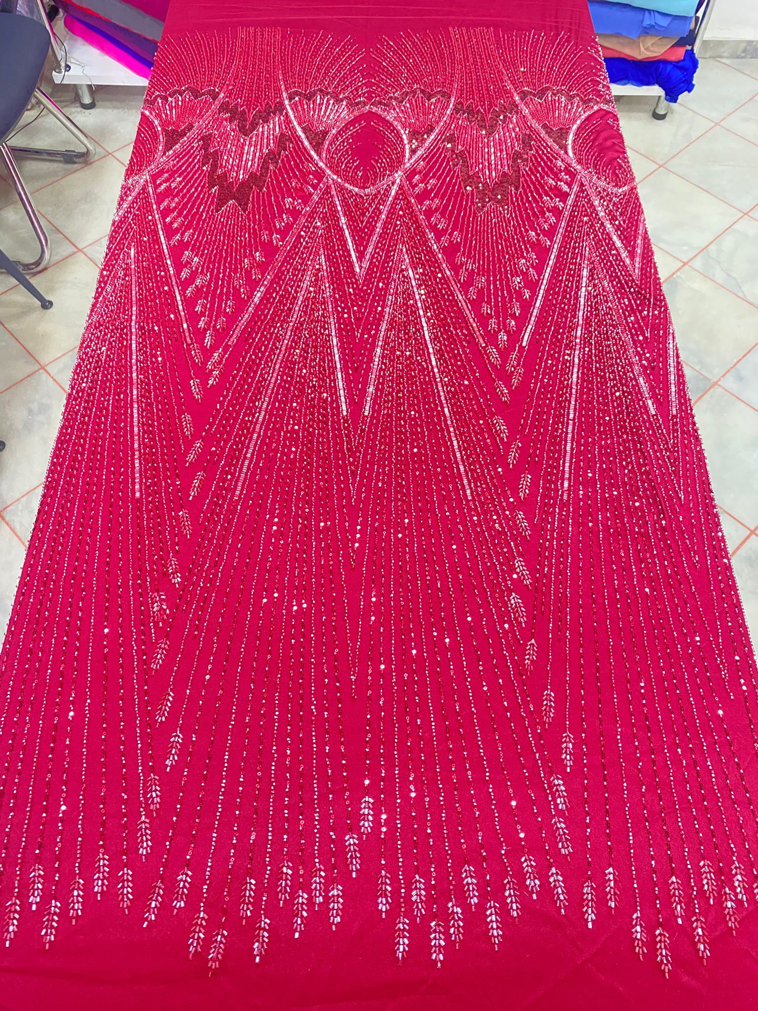 Imperial Burgundy "Kesme" Bugle Bead Linear Art-Deco Couture Fabric