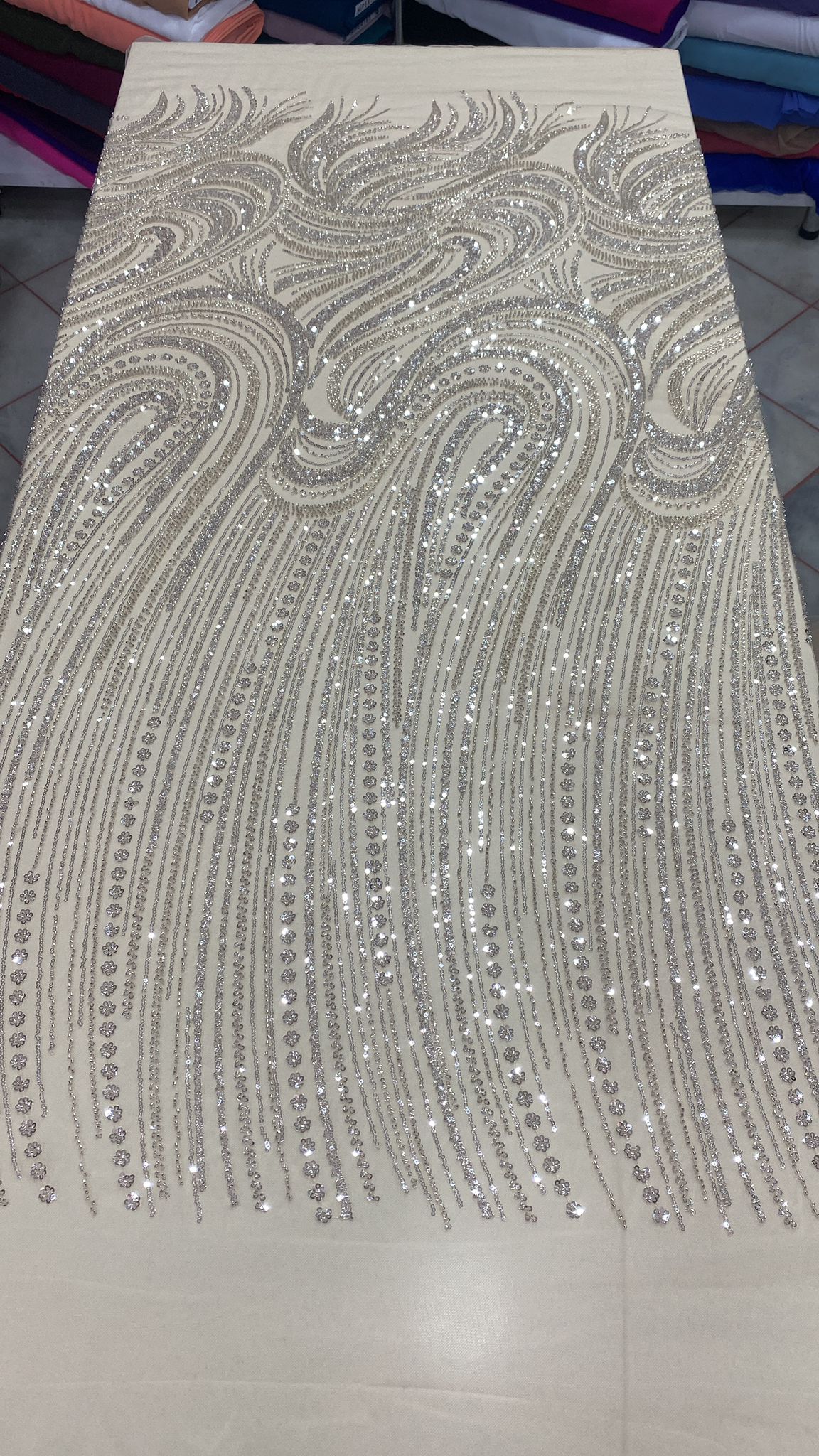 Imperial Silver "S-Wave" Swirl Pattern Heavy Beaded Couture Fabric