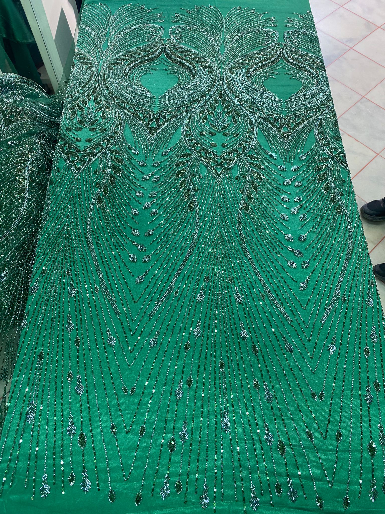 Majestic Emerald Green Art-Deco Linear Beaded Couture Tulle Fabric
