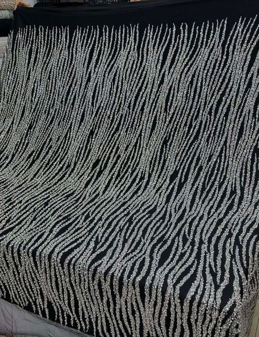 Midnight Zebra Pattern Black & Silver Heavy Beaded Couture Fabric
