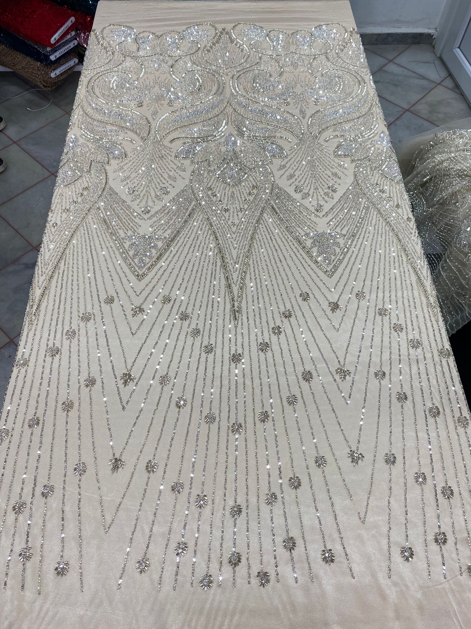 Royal Platinum Silver Linear Art-Deco Beaded Bridal Tulle Fabric
