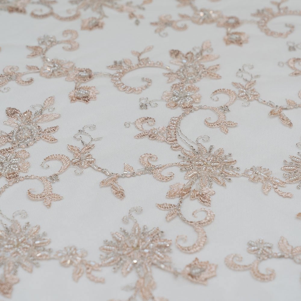 Salmon Beaded Tulle Fabric (Tulle with Bead Embroidery)