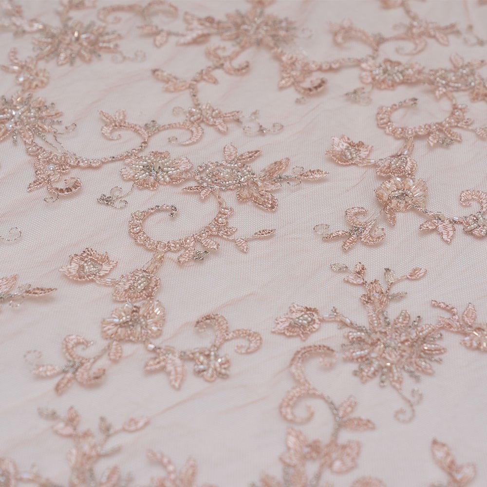 Salmon Beaded Tulle Fabric (Tulle with Bead Embroidery)