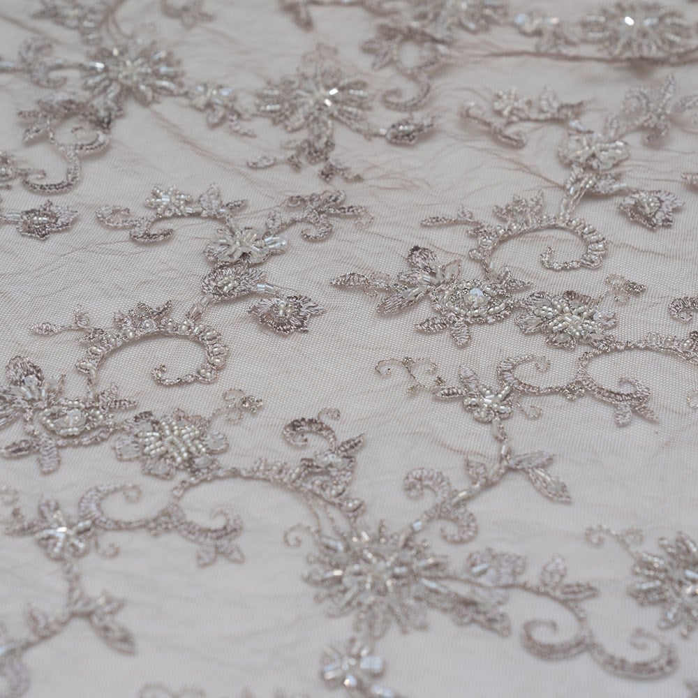 Salmon Beaded Tulle Fabric (Tulle with Bead Embroidery)