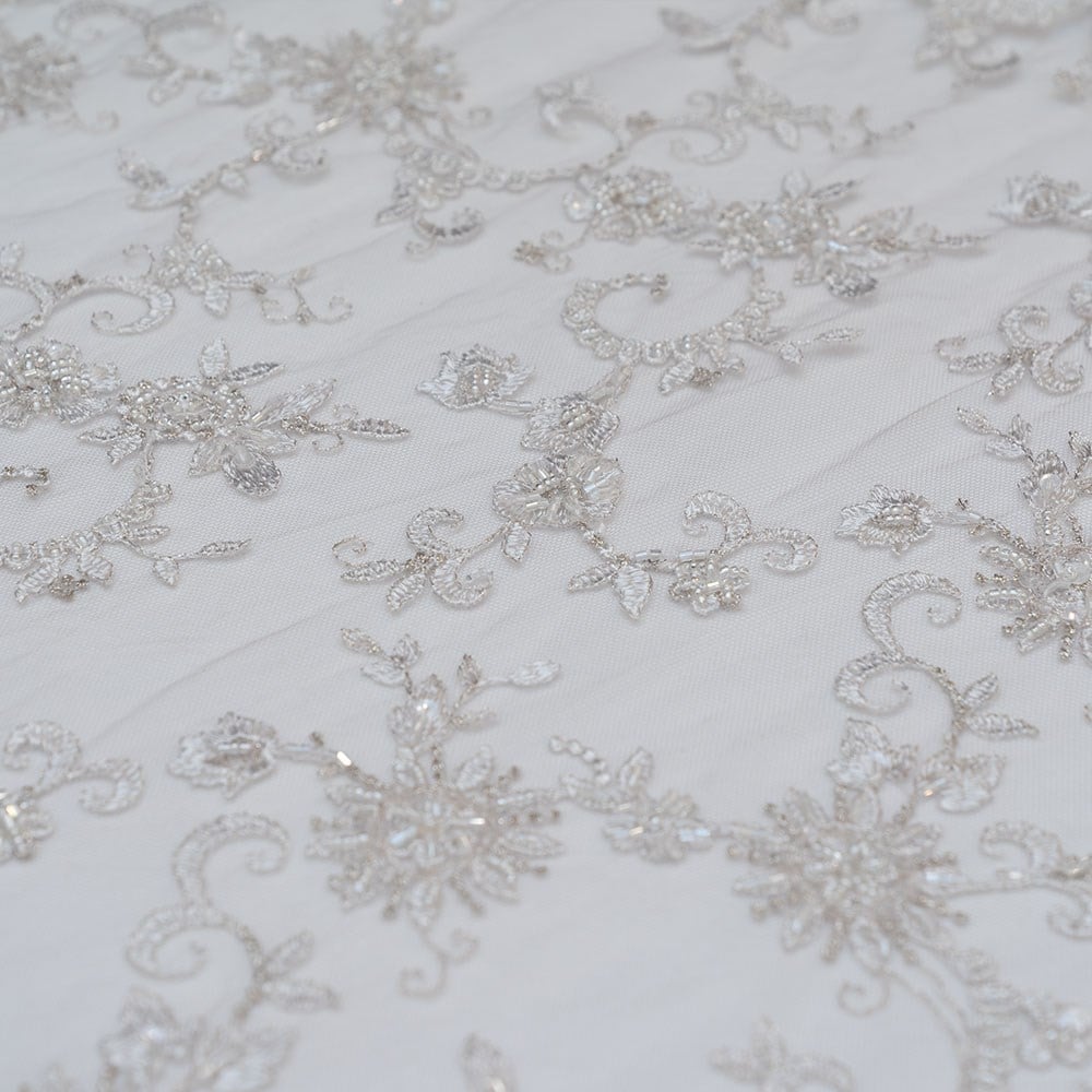 Salmon Beaded Tulle Fabric (Tulle with Bead Embroidery)