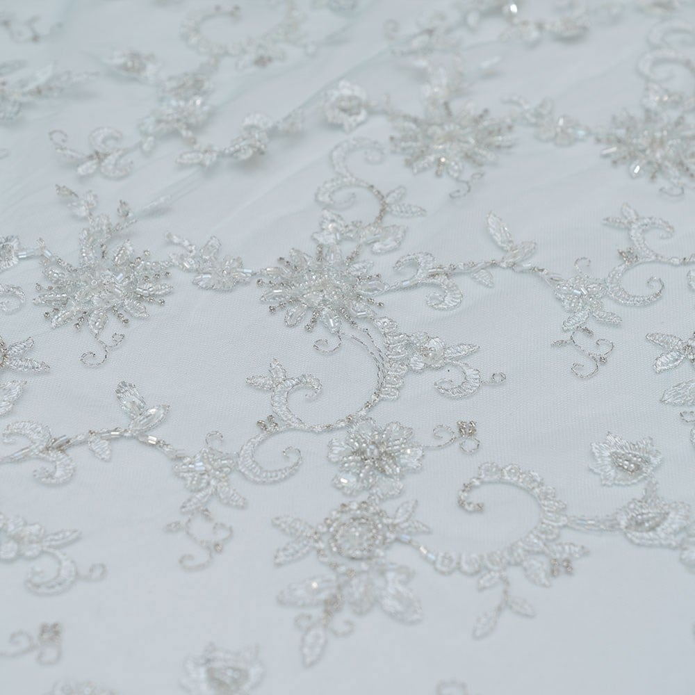 Salmon Beaded Tulle Fabric (Tulle with Bead Embroidery)