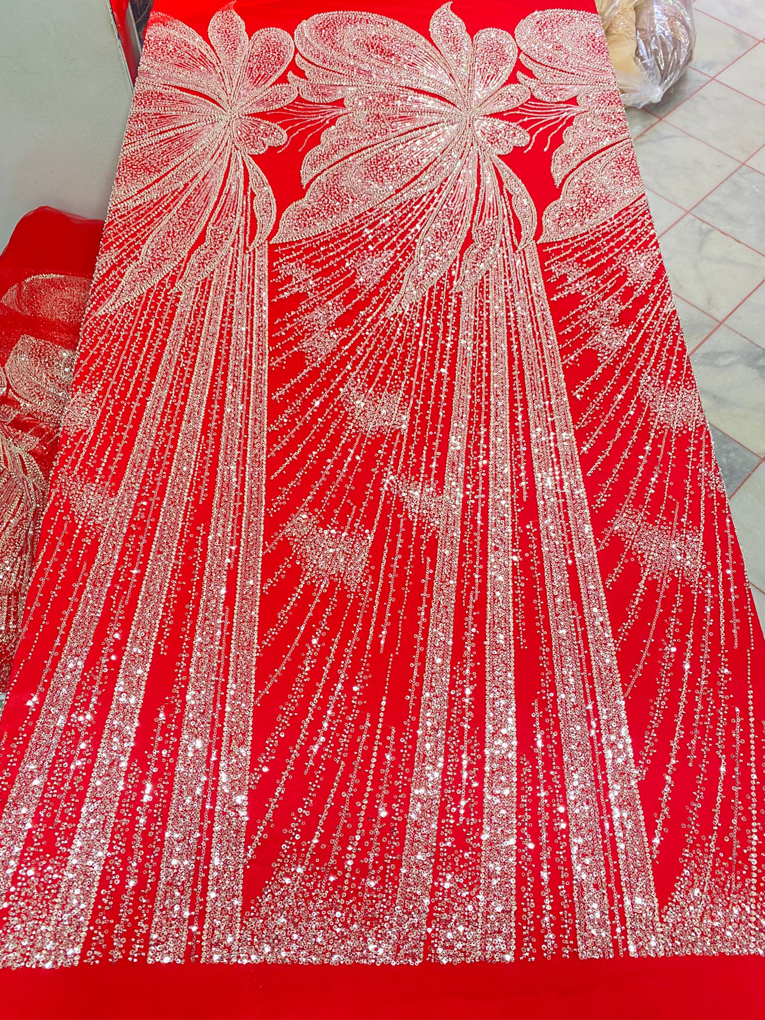 Scarlet Red & Silver "Floral Ray" Heavy Beaded Couture Tulle Fabric