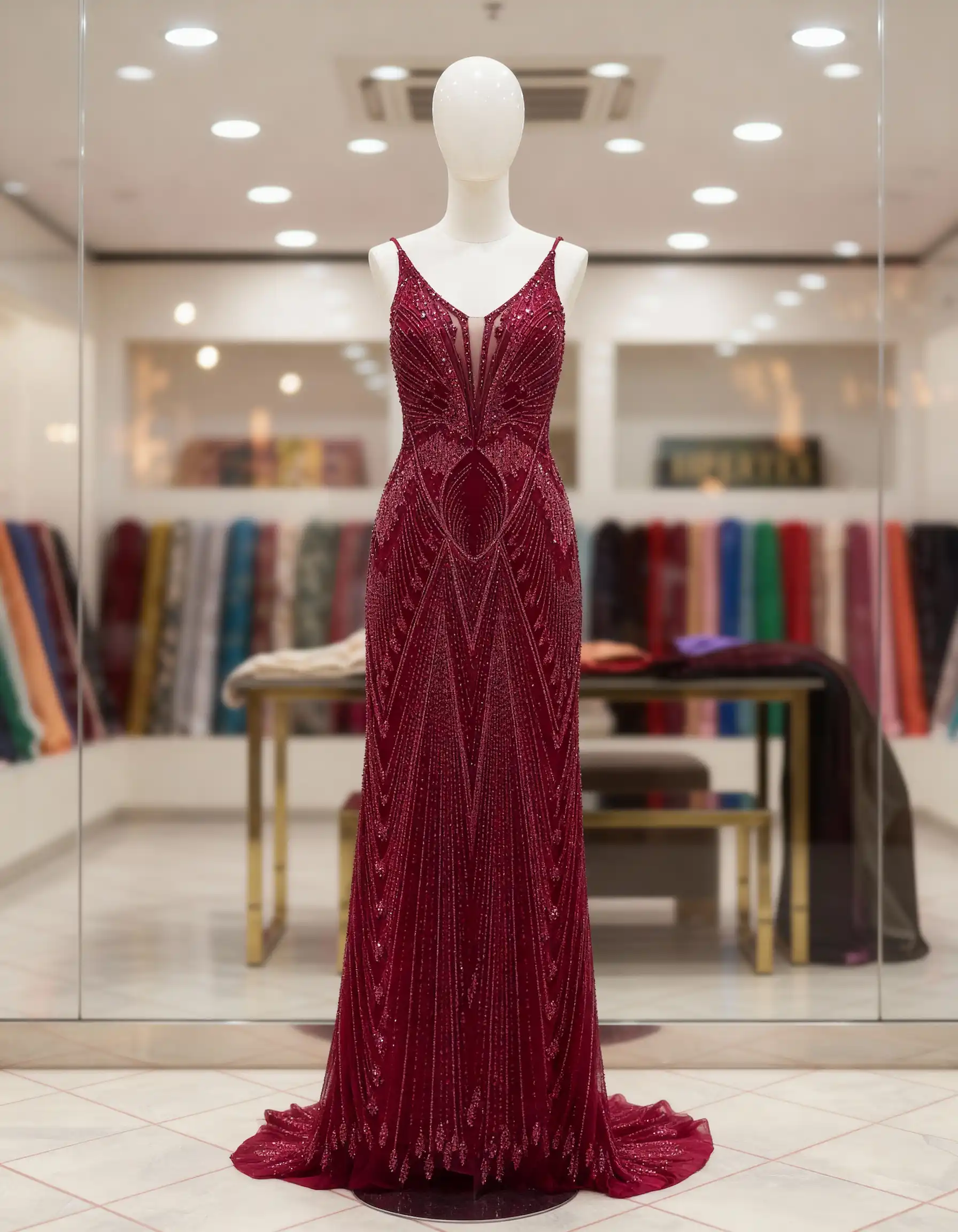 Imperial Burgundy "Kesme" Bugle Bead Linear Art-Deco Couture Fabric