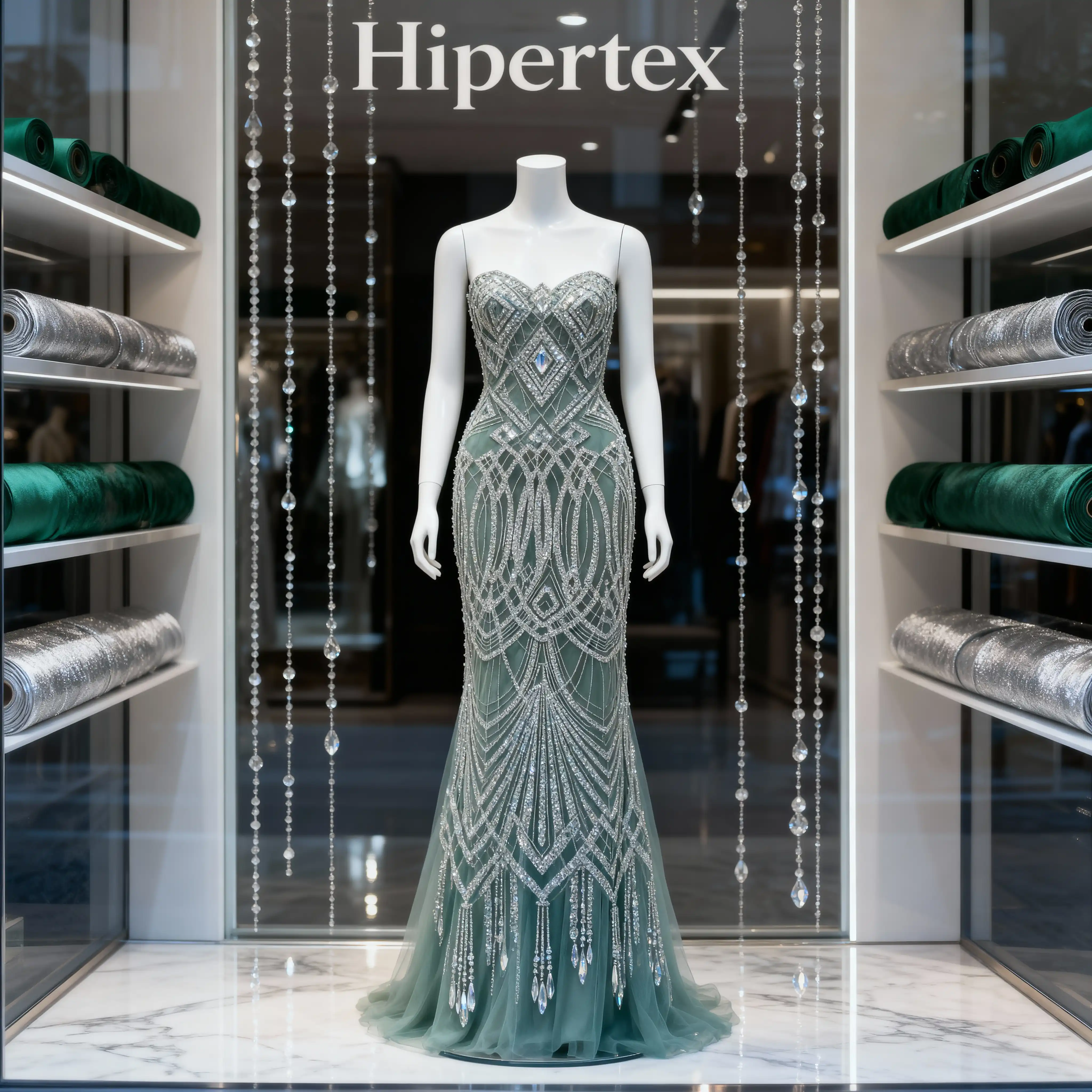 Imperial Mint Green & Silver Art-Deco "Cathedral" Beaded Couture Fabric