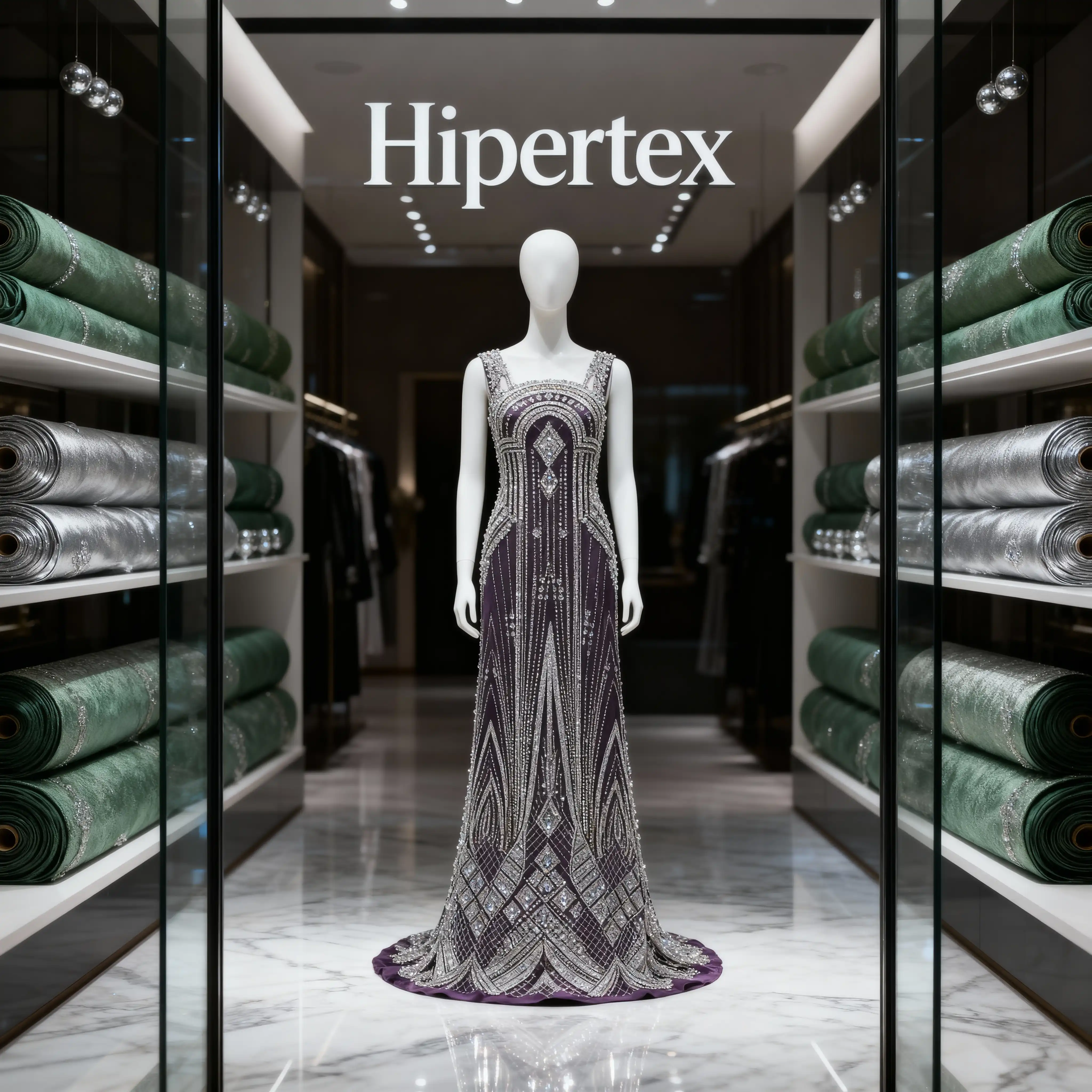 Imperial Plum Purple & Silver "Zigzag" Art-Deco Heavy Beaded Fabric