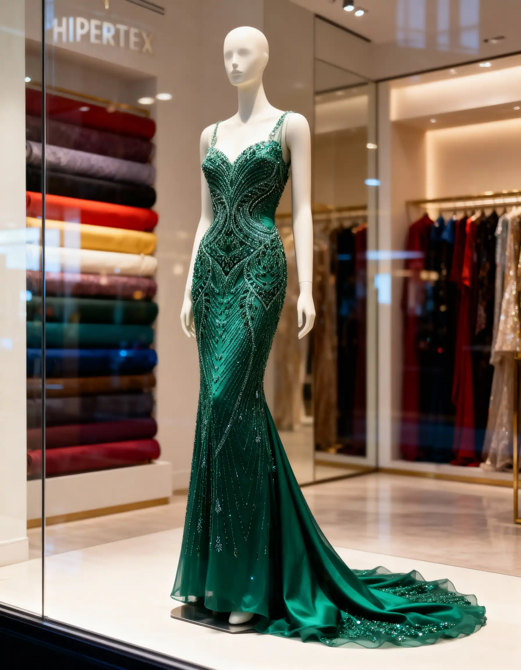 Majestic Emerald Green Art-Deco Linear Beaded Couture Tulle Fabric