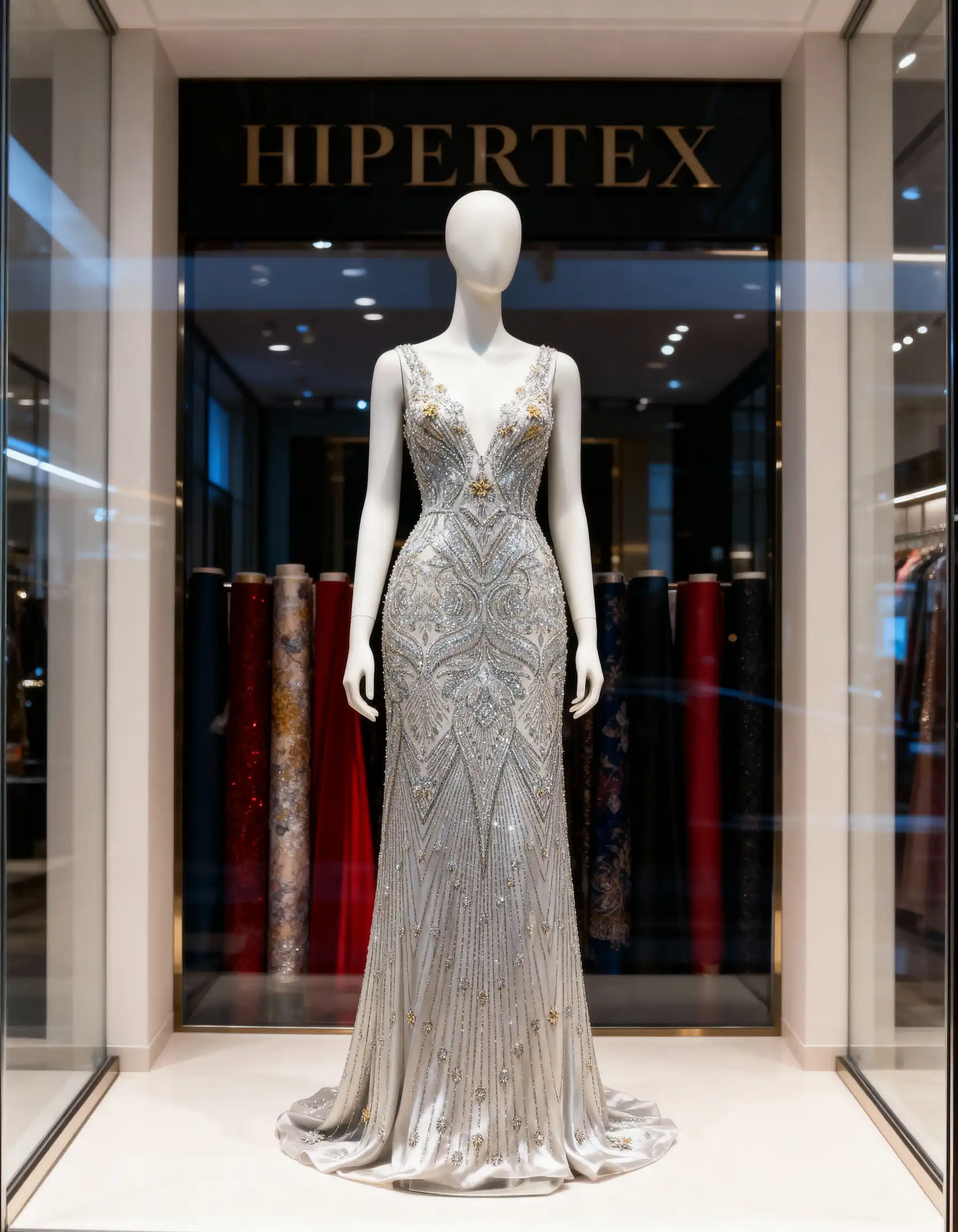 Royal Platinum Silver Linear Art-Deco Beaded Bridal Tulle Fabric