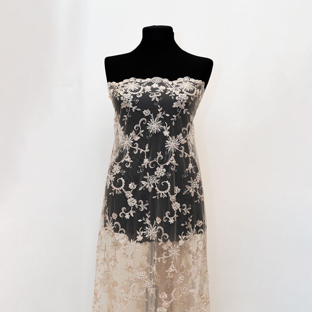 Salmon Beaded Tulle Fabric (Tulle with Bead Embroidery)